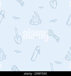 Seamless pattern with camping, hiking, vacation, travel. Simple vector illustration with campfire, thermos, shovel Stock Vector