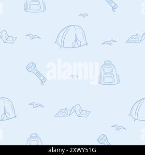 Seamless pattern with camping, hiking, vacation, travel. Simple vector illustration with tent, lantern, map and backpack Stock Vector