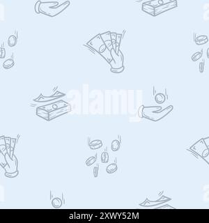 Seamless pattern with money, wealth, business, finance. Vector illustration with icons of hand with bills, flying money Stock Vector