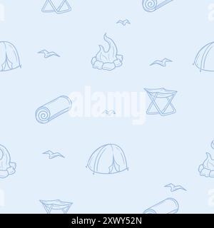 Seamless pattern with camping, hiking, vacation, travel. Simple vector illustration with tent, camp mat, travel stool Stock Vector