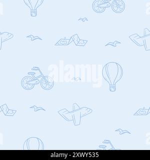 Seamless pattern with vacation, travel, seaside holidays. Vector illustration with hot air balloon, airplane, bicycle Stock Vector