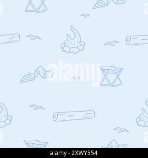 Seamless pattern with camping, hiking, vacation, travel. Simple vector illustration with bonfire, folding stool, map Stock Vector