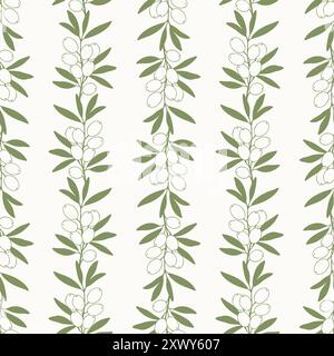 Pattern with green olive tree branches.Ornament for the design natural organic cosmetics, wrapping paper, soap, olive oil. . Vector illustration Stock Vector