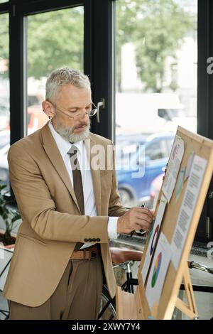 A man in a suit stands by a whiteboard, explaining charts with a pen in his hand. Stock Photo