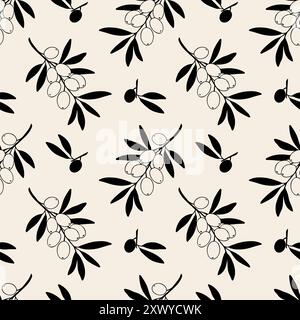 Olives branch pattern black silhouettes on beige background. Vector illustration Stock Vector