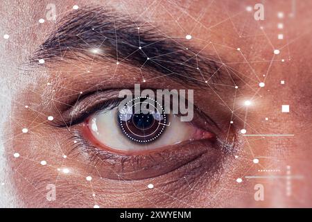 A man's eye is shown in a close up with a blurry background Stock Photo