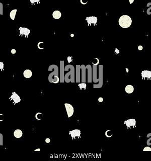 Seamless vector pattern with cute sheep, stars and moon on black background. Vector illustration for fabric, textile, wrapping paper for kids. Stock Vector