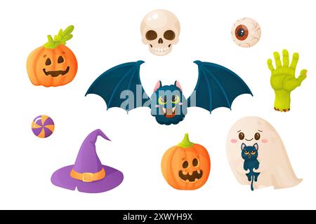 Halloween illustration set. Bat, ghost, witch hat, pumpkin and skull. For your poster, banner, t-shirt sticker vector Stock Vector