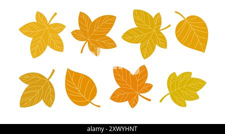 Orange Yellow Autumn Leaves Simple Flat Doodle Illustration Set. Vector Illustration Stock Vector