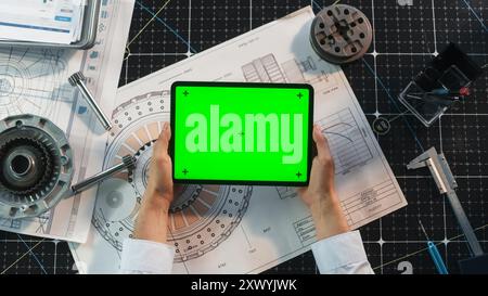 Anonymous Engineer Holding Tablet Computer Horizontally with Mock Up Green Screen Chromakey Display with Motion Tracker Placeholders. Specialist Analyzing Industrial Project Plans, Browsing Blueprints Stock Photo