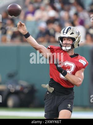 New Orleans Saints quarterback Jake Haener (3) attempts a pass during an training camp open practice session at Yulman Stadium on Tulane University’s campus on Tuesday, August 20, 2024 in New Orleans, Louisiana. (Photo by Peter Forest/SipaUSA) Stock Photo