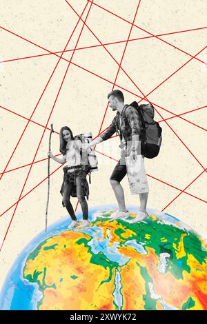 Composite trend artwork 3D sketch image photo collage of earth planet globe couple young man lady walk hiking tourism camping exploring Stock Photo