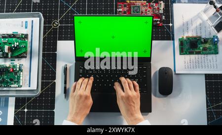 Anonymous Industrial Scientist Using Laptop Computer with Mock Up Green Screen Chromakey Display with Placeholders. Engineer Having a Virtual Collaboration Meeting with Colleagues. Top Down View Stock Photo