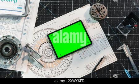 Top View of a Tablet Computer with Mock Up Green Screen Chromakey Display with Motion Trackers Lying on an Engineer's Desk Next to Technical Blueprints and Drawings, Mechanical Parts Stock Photo