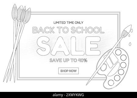 Engaging coloring page featuring a back-to-school sale theme with art supplies. Perfect for kids creative activities. Stock Vector