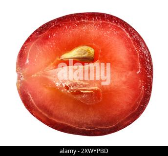 Translucent slice of red grape fruit, macro isolated on white Stock Photo