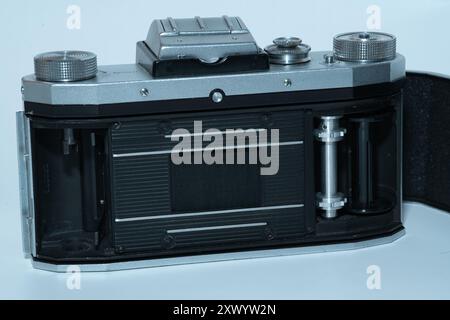 A look inside the film compartment of an analog SLR camera Stock Photo