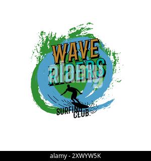 Wave Riders Surfing Club typography grunge graphic design Stock Vector