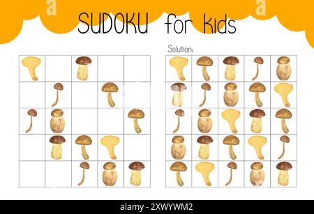 Mushroom sudoku educational game or leisure activity worksheet illustration, printable grid to fill in missing images, autumn Thanksgiving topical voc Stock Photo