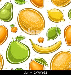 Vector Fruit Seamless Pattern, square background with cartoon fruits for wrapping paper or bed linen, seamless cover with still life composition of ex Stock Vector