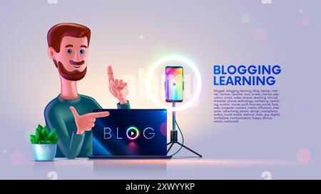 Cartoon teacher man show screen laptop. blogger mentor education blogging online. Learning blog. Video blogger on stream. Blogger teaching makes video Stock Vector