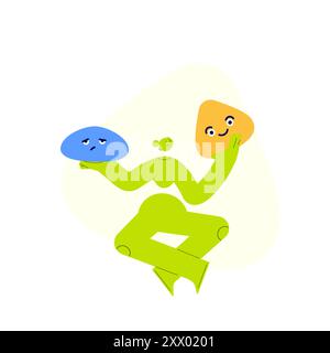 Vector illustration of a woman, holding boredom and hapiness in hands. Abstract emotions concept. Female character choosing between feelings. Stock Vector