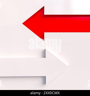 Red arrow  pointing  left o white right, representing going your own way. 3d Stock Photo