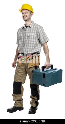 Smiling construction worker holding  toolbox  wearing safety helmet. isolated Stock Photo