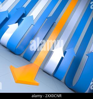 3d  row blue arrows following  orange  going  opposite direction Stock Photo