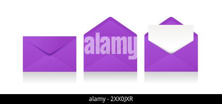 Set of realistic purple envelopes in different positions. Folded and unfolded envelope backpack Stock Vector