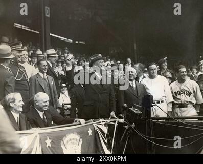 President Franklin D. Roosevelt Throwing a Baseball at Griffith Stadium, Washington, DC. April  24, 1934. Stock Photo