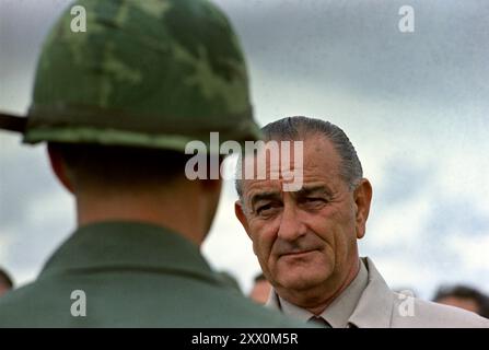 Vietnam War. Photograph of President Lyndon Johnson visiting with U.S. Troops in Cam Ranh Bay, Vietnam. October 26, 1966. Stock Photo