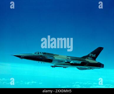 Vietnam War. An air-to-air left side view of a 355th Tactical Fighter Wing F-105 Thunderchief aircraft.' Southeast Asia. February 6, 1970. Stock Photo