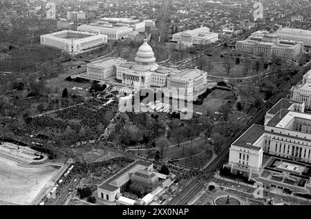 An aerial view of the US Capitol Building during the Inauguration of President Ronald Reagan.  Washington, District Of Columbia (DC). January 20, 1981 Stock Photo