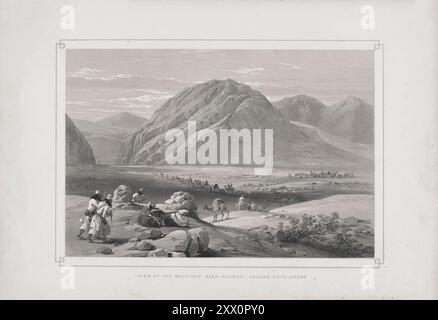 First Anglo-Afghan War. View of the mountain Baba-Naunee. 1840-1850. Sketches by Jas. Atkinson, esq. This Drawing was taken from Kutl-gah, or the Place of Slaughter. In the fore-ground is a camp-follower asleep, and three Beloochees, eager to wreak their cowardly vengeance on the unprotected, are stealthily approaching him, with the intention of committing murder; a piece of ordnance is also introduced, drawn by camels, on the line of march. It was under the mountain of Baba-Naunee the British forces were encamped. Stock Photo