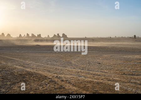 Moon landscape of limestone chimneys geological rock formations in a sunset rays at the bottom of dried salt lake Abbe, Djibouti Stock Photo