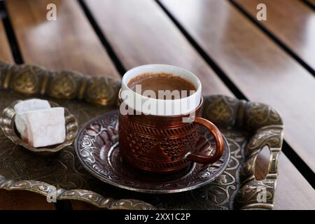 traditional turkish coffee in close up on table Stock Photo