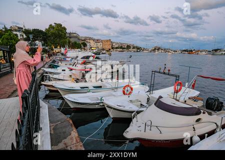 Sinop, Turkey - July 31, 2024: Boats moored in the port of Sinop, Turkey. Stock Photo