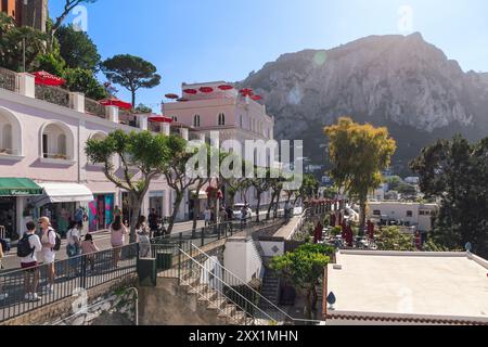 Tourists walking on Via Roma on Capri Island, Bay of Naples, Campania, Italy, Europe Stock Photo