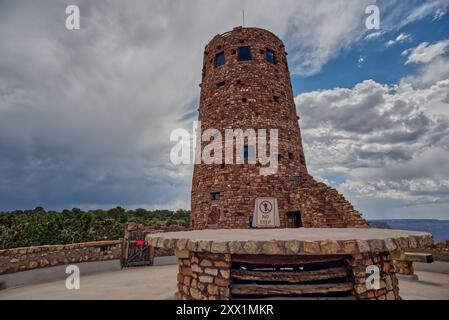 The upper half of the Desert View Watchtower viewed from the observation deck at Grand Canyon South Rim, Arizona Stock Photo