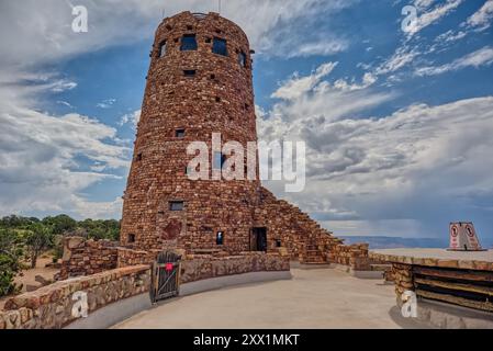 The upper half of the Desert View Watchtower viewed from the observation deck at Grand Canyon South Rim, Arizona Stock Photo