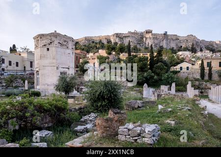 Sunrise view of the Roman Agora, showcasing the Tower of the Winds, an octagonal Pentelic marble clock tower, Athens Stock Photo