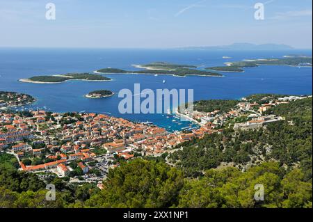 View over Hvar city from the fortress Napoleon with Hell's Islands (Pakleni) in the background, Hvar island, Croatia, Southeast Europe Stock Photo