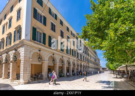 View of buildings and restaurants on the Liston Esplanade, Corfu Old Town, Corfu, The Ionian Islands, Greek Islands, Greece, Europe Stock Photo