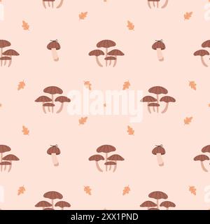 Autumn seamless pattern. Mushrooms, acorns and leaves on a neutral background. Stock Vector