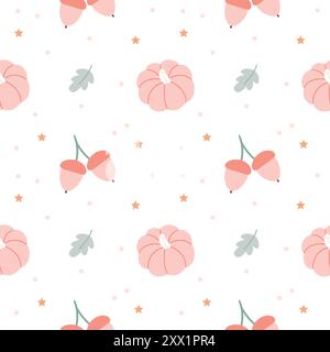 Autumn seamless pattern. Pink acorns, pumpkins, stars and leaves on a white background. Magical atmosphere Stock Vector