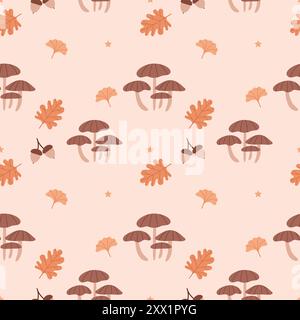 Autumn seamless pattern. Mushrooms, acorns and leaves on a neutral background. Stock Vector