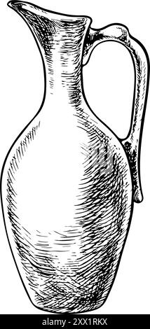 An earthenware jug. Ceramics, earthenware. Vector graphics, black and white hand-drawn illustrations. Isolate on a white background. For the design of Stock Vector