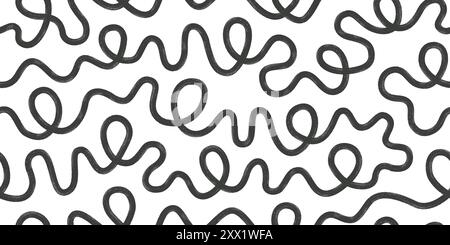 Bold line squiggles with circles abstract seamless pattern. Hand drawn organic curved black lines. Stock Vector
