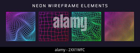 Colorful wireframe shapes, lined perspective mesh, 3d grid. Low poly geometric elements. Retro futuristic design elements, y2k, vaporwave and Stock Vector